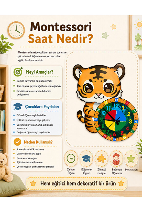 Sevimli Kaplan Tiger Montessori Çocuk Odası Eğitici Ahşap Duvar Saati - Sessiz, Şık Tasarım