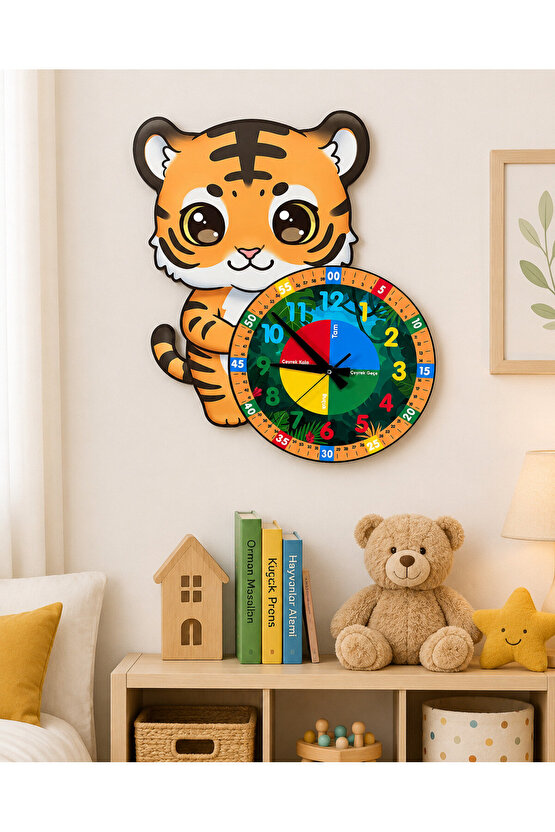 Sevimli Kaplan Tiger Montessori Çocuk Odası Eğitici Ahşap Duvar Saati - Sessiz, Şık Tasarım