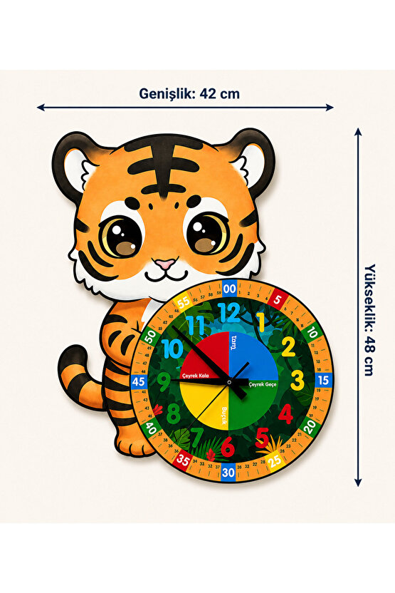 Sevimli Kaplan Tiger Montessori Çocuk Odası Eğitici Ahşap Duvar Saati - Sessiz, Şık Tasarım