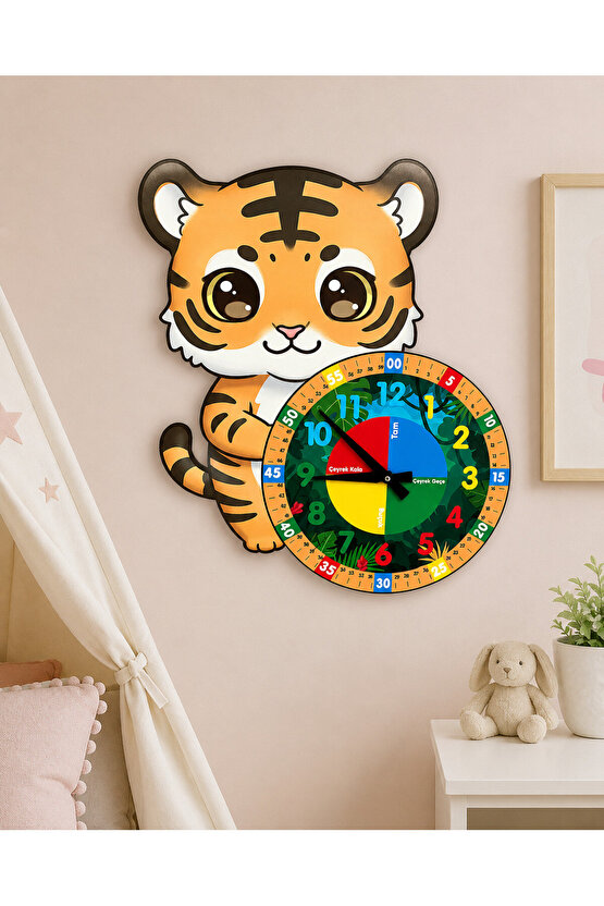 Sevimli Kaplan Tiger Montessori Çocuk Odası Eğitici Ahşap Duvar Saati - Sessiz, Şık Tasarım
