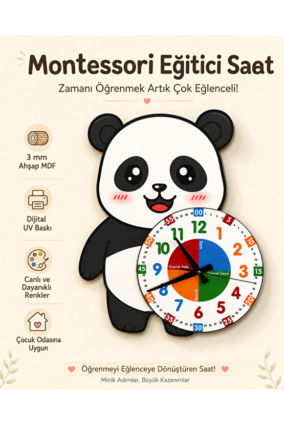 Sevimli Panda Po Montessori Çocuk Odası Eğitici Ahşap Duvar Saati - Sessiz Mekanizma, Şık Tasarım