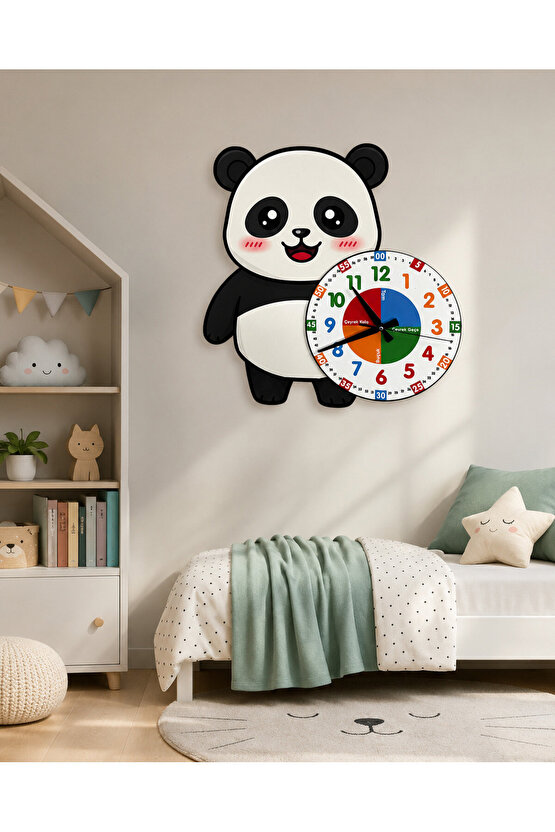 Sevimli Panda Po Montessori Çocuk Odası Eğitici Ahşap Duvar Saati - Sessiz Mekanizma, Şık Tasarım