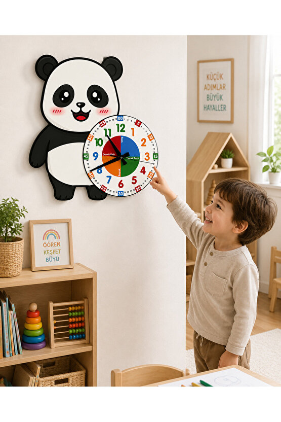 Sevimli Panda Po Montessori Çocuk Odası Eğitici Ahşap Duvar Saati - Sessiz Mekanizma, Şık Tasarım