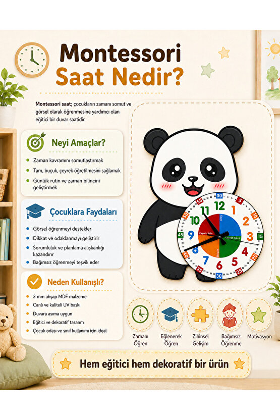 Sevimli Panda Po Montessori Çocuk Odası Eğitici Ahşap Duvar Saati - Sessiz Mekanizma, Şık Tasarım