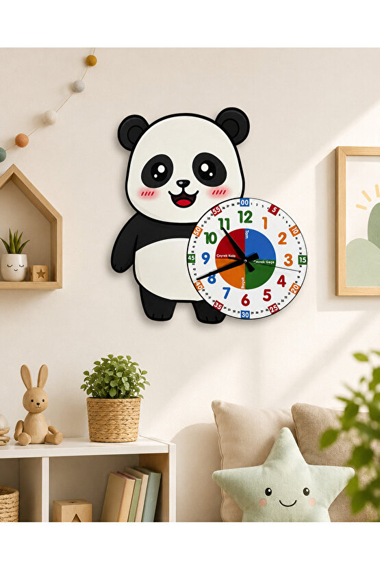 Sevimli Panda Po Montessori Çocuk Odası Eğitici Ahşap Duvar Saati - Sessiz Mekanizma, Şık Tasarım