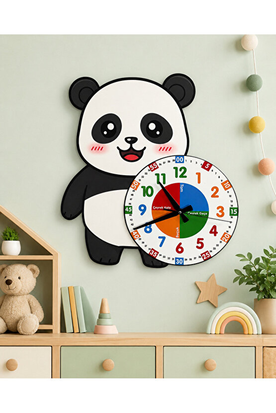 Sevimli Panda Po Montessori Çocuk Odası Eğitici Ahşap Duvar Saati - Sessiz Mekanizma, Şık Tasarım