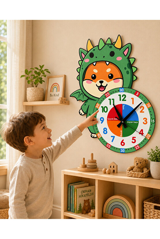 Sevimli Ejderha Dinazor Montessori Çocuk Odası Eğitici Ahşap Duvar Saati - Sessiz Mekanizma, Şık