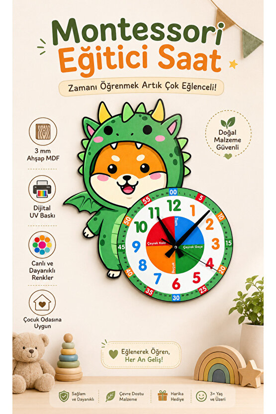 Sevimli Ejderha Dinazor Montessori Çocuk Odası Eğitici Ahşap Duvar Saati - Sessiz Mekanizma, Şık