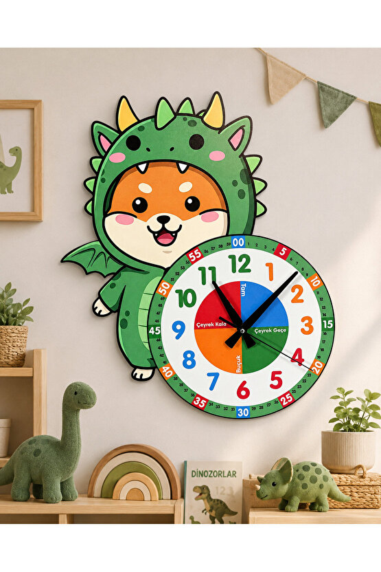 Sevimli Ejderha Dinazor Montessori Çocuk Odası Eğitici Ahşap Duvar Saati - Sessiz Mekanizma, Şık