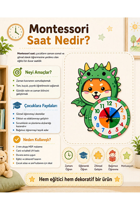 Sevimli Ejderha Dinazor Montessori Çocuk Odası Eğitici Ahşap Duvar Saati - Sessiz Mekanizma, Şık