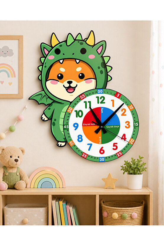 Sevimli Ejderha Dinazor Montessori Çocuk Odası Eğitici Ahşap Duvar Saati - Sessiz Mekanizma, Şık