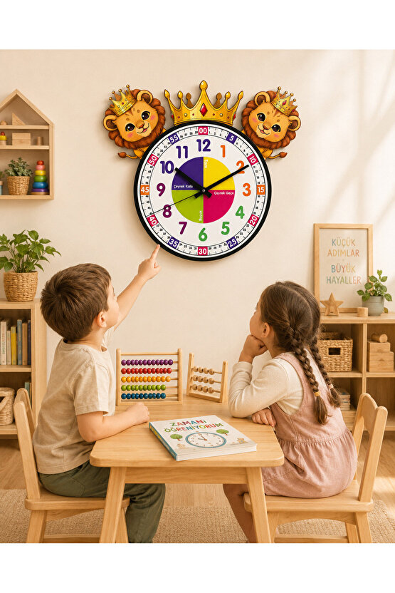 Sevimli Aslan Kral Montessori Çocuk Odası Eğitici Ahşap Duvar Saati - Sessiz Mekanizma, Şık Tasarım