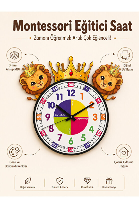 Sevimli Aslan Kral Montessori Çocuk Odası Eğitici Ahşap Duvar Saati - Sessiz Mekanizma, Şık Tasarım