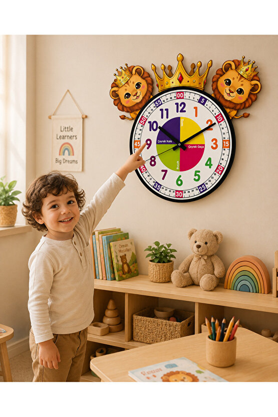 Sevimli Aslan Kral Montessori Çocuk Odası Eğitici Ahşap Duvar Saati - Sessiz Mekanizma, Şık Tasarım