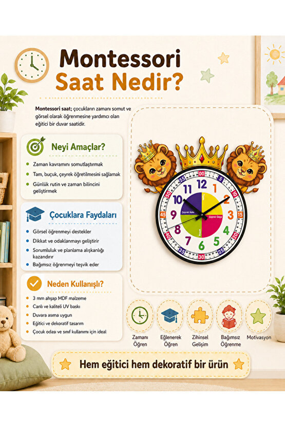 Sevimli Aslan Kral Montessori Çocuk Odası Eğitici Ahşap Duvar Saati - Sessiz Mekanizma, Şık Tasarım
