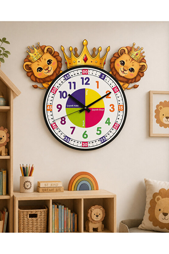 Sevimli Aslan Kral Montessori Çocuk Odası Eğitici Ahşap Duvar Saati - Sessiz Mekanizma, Şık Tasarım