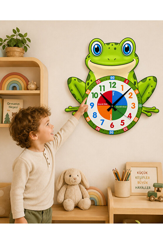 Sevimli Küçük Kurbağa Montessori Çocuk Odası Eğitici Ahşap Duvar Saati - Sessiz Mekanizma, Şık