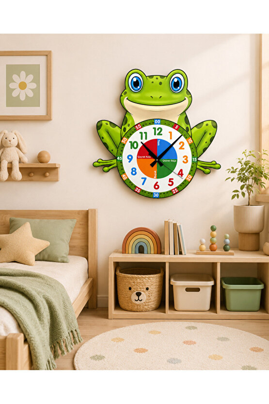Sevimli Küçük Kurbağa Montessori Çocuk Odası Eğitici Ahşap Duvar Saati - Sessiz Mekanizma, Şık
