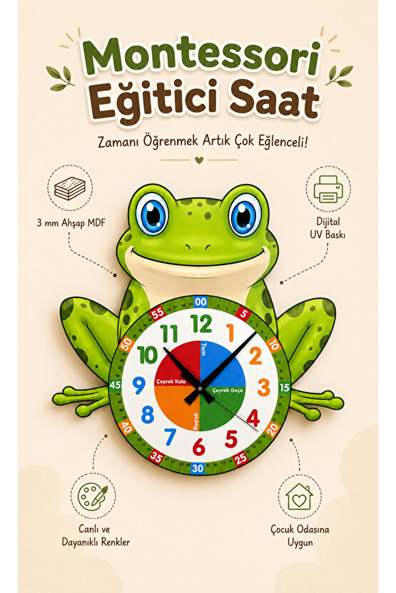 Sevimli Küçük Kurbağa Montessori Çocuk Odası Eğitici Ahşap Duvar Saati - Sessiz Mekanizma, Şık