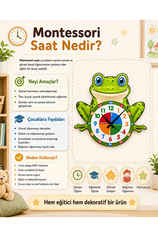 Sevimli Küçük Kurbağa Montessori Çocuk Odası Eğitici Ahşap Duvar Saati - Sessiz Mekanizma, Şık