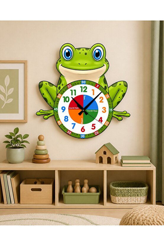 Sevimli Küçük Kurbağa Montessori Çocuk Odası Eğitici Ahşap Duvar Saati - Sessiz Mekanizma, Şık