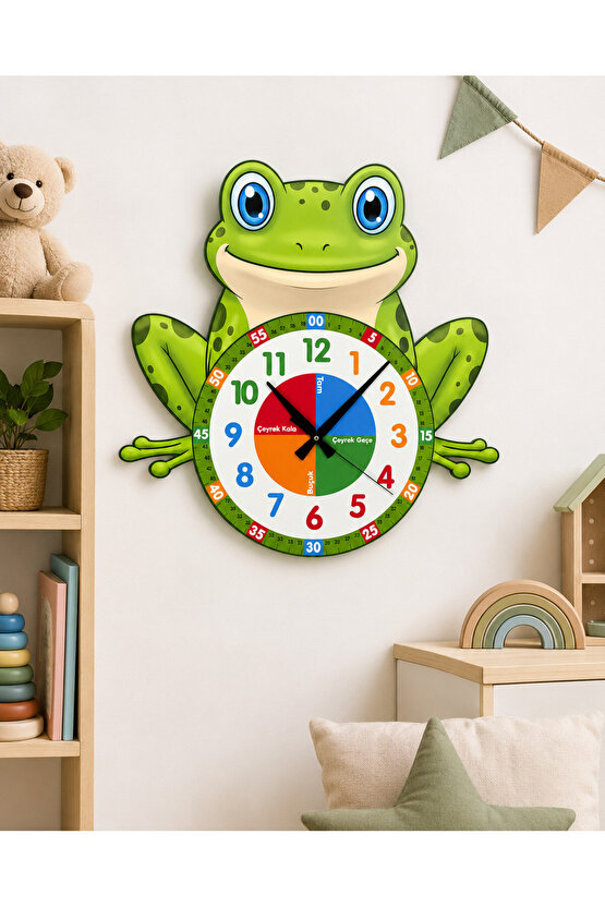 Sevimli Küçük Kurbağa Montessori Çocuk Odası Eğitici Ahşap Duvar Saati - Sessiz Mekanizma, Şık