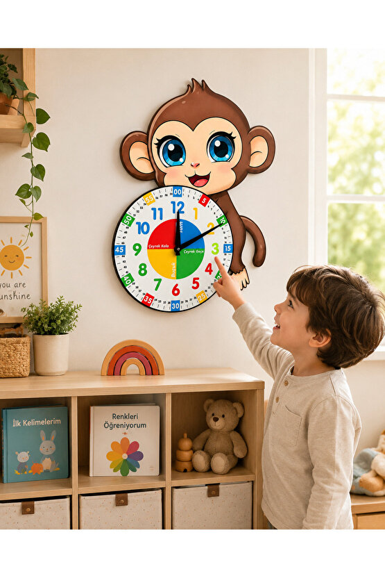 Sevimli Munki Maymun Montessori Çocuk Odası Eğitici Ahşap Duvar Saati - Sessiz Mekanizma, Şık