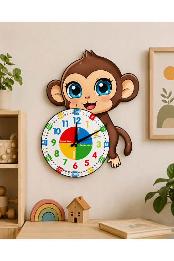 Sevimli Munki Maymun Montessori Çocuk Odası Eğitici Ahşap Duvar Saati - Sessiz Mekanizma, Şık