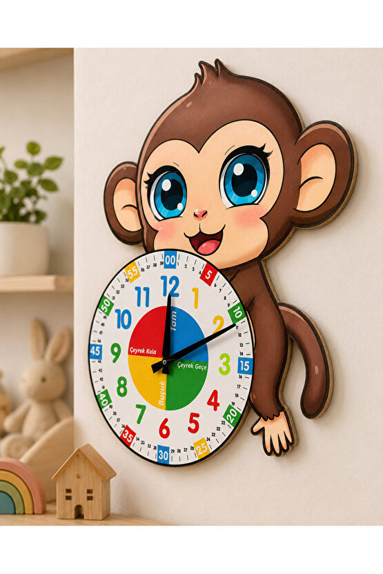 Sevimli Munki Maymun Montessori Çocuk Odası Eğitici Ahşap Duvar Saati - Sessiz Mekanizma, Şık