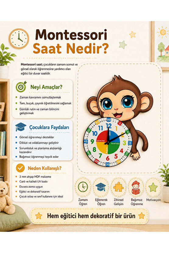 Sevimli Munki Maymun Montessori Çocuk Odası Eğitici Ahşap Duvar Saati - Sessiz Mekanizma, Şık