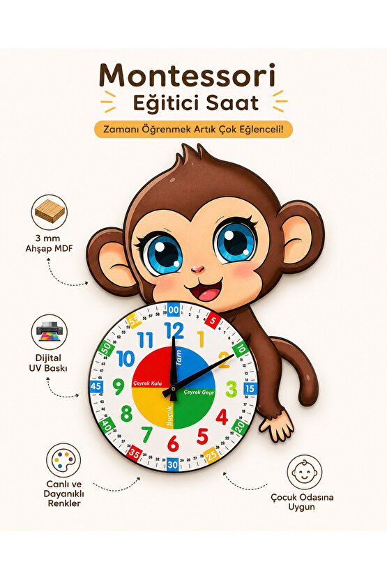 Sevimli Munki Maymun Montessori Çocuk Odası Eğitici Ahşap Duvar Saati - Sessiz Mekanizma, Şık