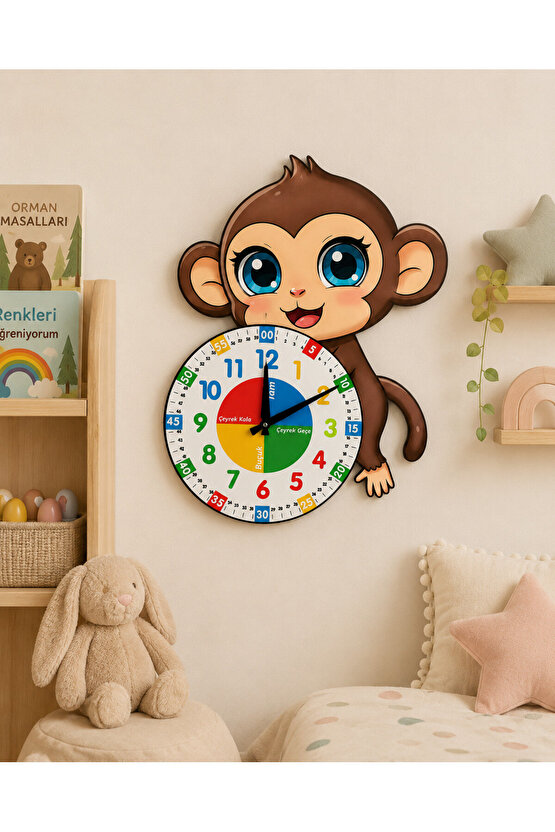 Sevimli Munki Maymun Montessori Çocuk Odası Eğitici Ahşap Duvar Saati - Sessiz Mekanizma, Şık