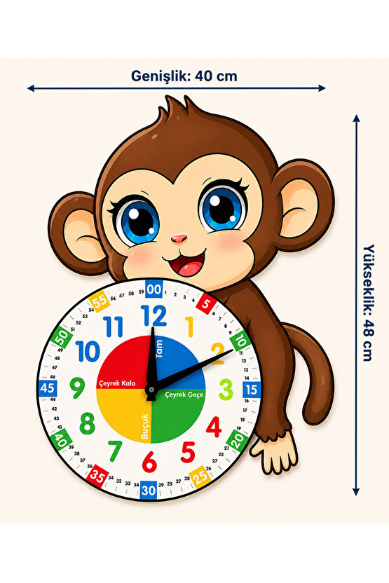 Sevimli Munki Maymun Montessori Çocuk Odası Eğitici Ahşap Duvar Saati - Sessiz Mekanizma, Şık