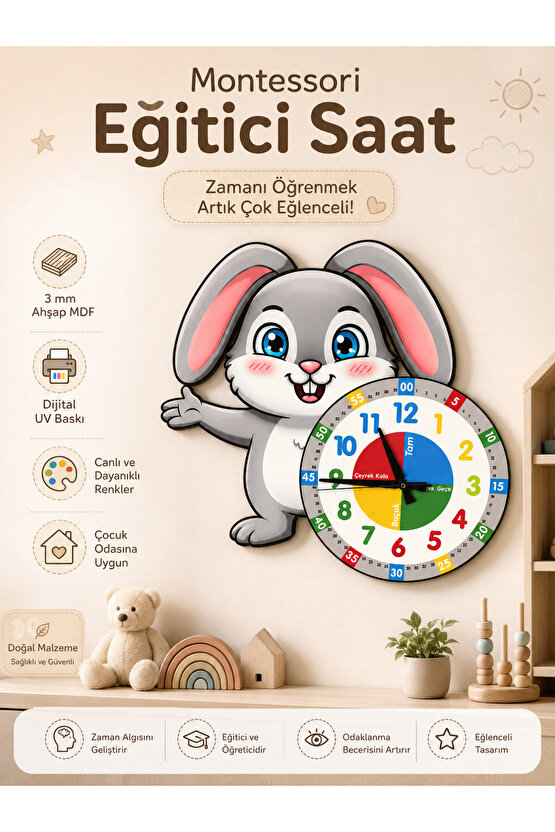 Sevimli Bunny Tavşan Montessori Çocuk Odası Eğitici Ahşap Duvar Saati - Sessiz Mekanizma, Şık