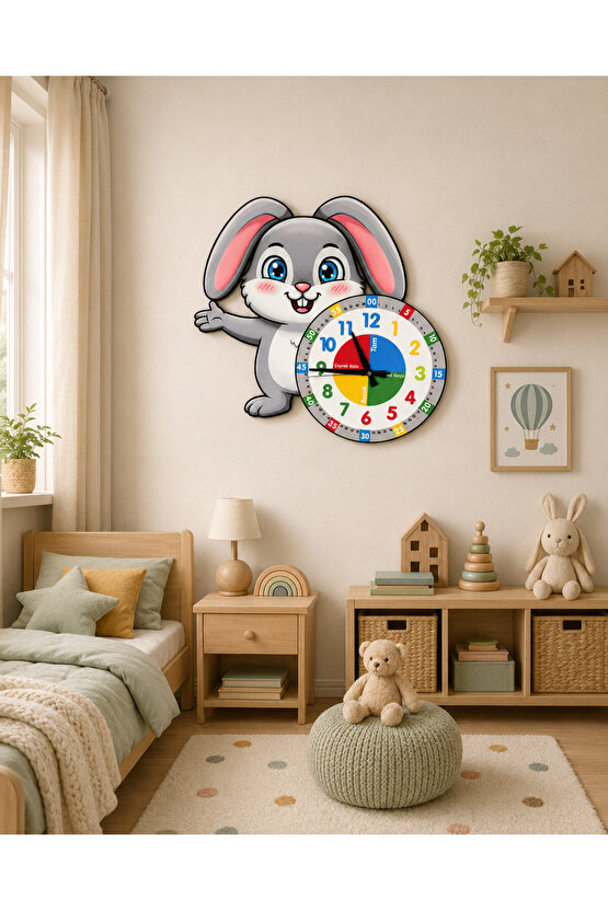 Sevimli Bunny Tavşan Montessori Çocuk Odası Eğitici Ahşap Duvar Saati - Sessiz Mekanizma, Şık