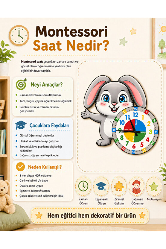Sevimli Bunny Tavşan Montessori Çocuk Odası Eğitici Ahşap Duvar Saati - Sessiz Mekanizma, Şık
