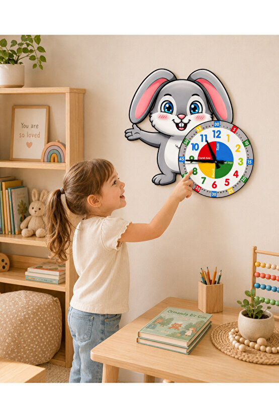 Sevimli Bunny Tavşan Montessori Çocuk Odası Eğitici Ahşap Duvar Saati - Sessiz Mekanizma, Şık