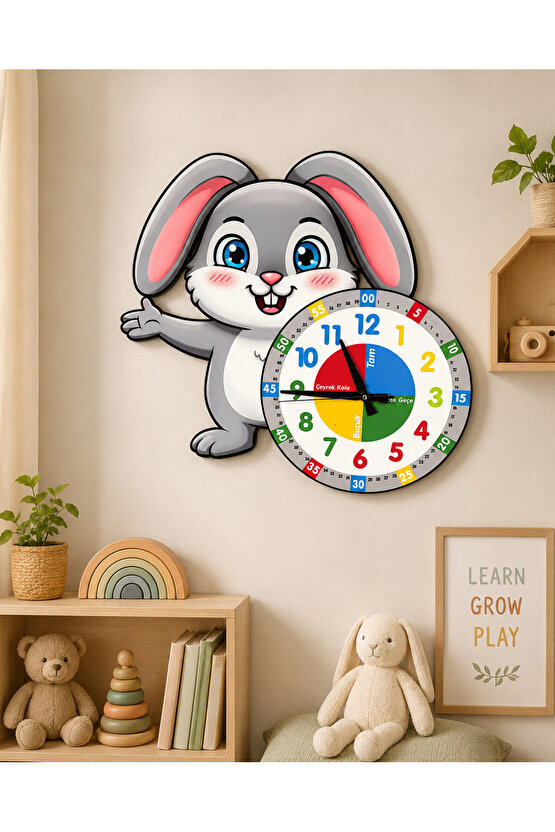 Sevimli Bunny Tavşan Montessori Çocuk Odası Eğitici Ahşap Duvar Saati - Sessiz Mekanizma, Şık