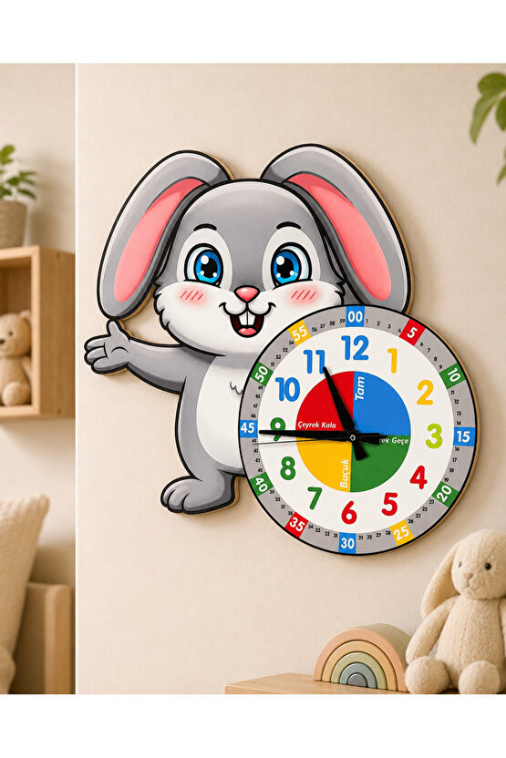 Sevimli Bunny Tavşan Montessori Çocuk Odası Eğitici Ahşap Duvar Saati - Sessiz Mekanizma, Şık