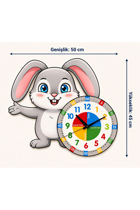 Sevimli Bunny Tavşan Montessori Çocuk Odası Eğitici Ahşap Duvar Saati - Sessiz Mekanizma, Şık