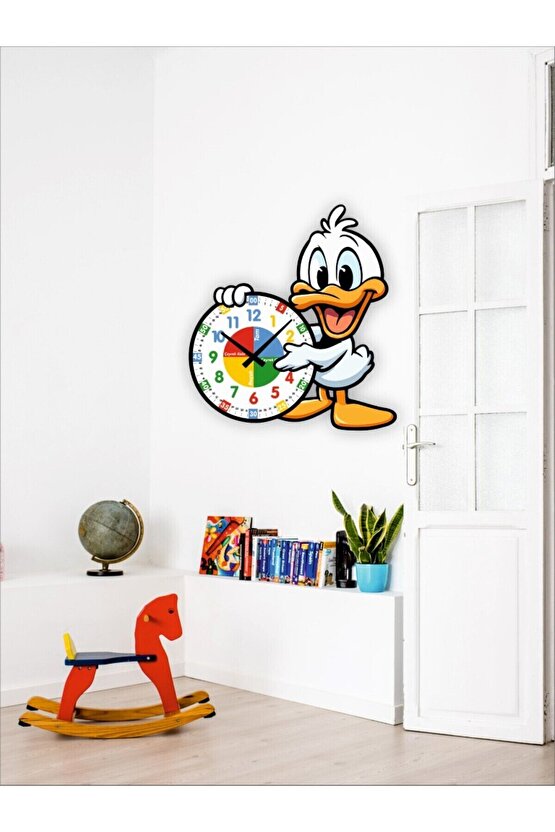 Sevimli Daffy Ördek Montessori Çocuk Odası Eğitici Ahşap Duvar Saati - Sessiz Mekanizma, Şık Tasarım
