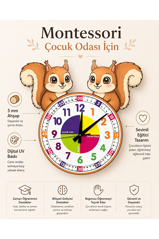 Sevimli Sincap Montessori Çocuk Odası Eğitici Ahşap Duvar Saati - Sessiz Mekanizma, Şık Tasarım Saat