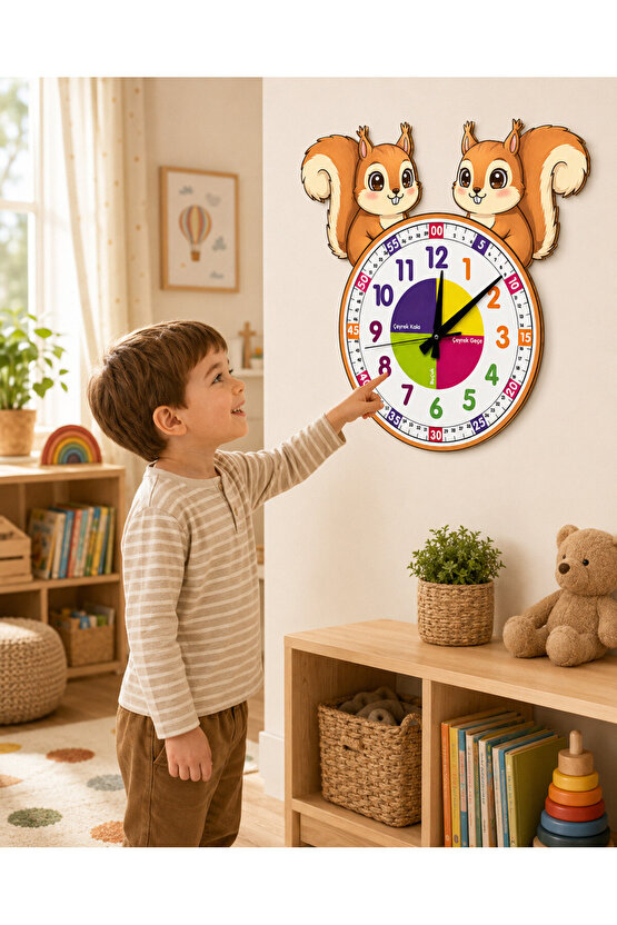 Sevimli Sincap Montessori Çocuk Odası Eğitici Ahşap Duvar Saati - Sessiz Mekanizma, Şık Tasarım Saat