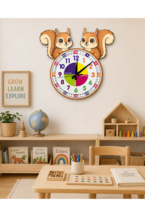 Sevimli Sincap Montessori Çocuk Odası Eğitici Ahşap Duvar Saati - Sessiz Mekanizma, Şık Tasarım Saat