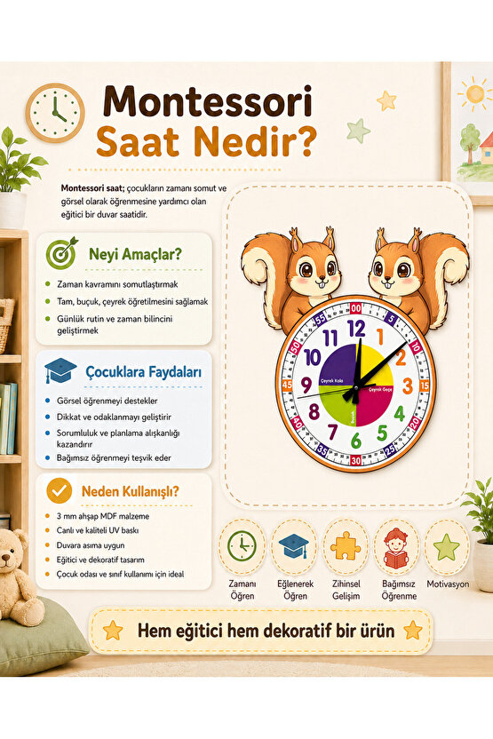 Sevimli Sincap Montessori Çocuk Odası Eğitici Ahşap Duvar Saati - Sessiz Mekanizma, Şık Tasarım Saat