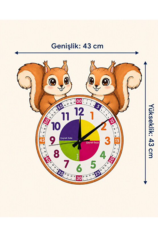 Sevimli Sincap Montessori Çocuk Odası Eğitici Ahşap Duvar Saati - Sessiz Mekanizma, Şık Tasarım Saat