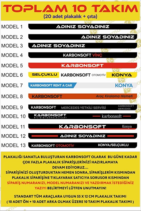 Kişiye Özel Isimli 10 Takım (20ADET) Araç Logo Kabartmalı Siyah Oto Plakalık