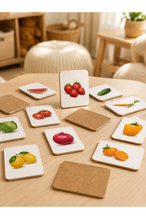 Zeka Kartları Ahşap Eğitici Hafıza Eşleştirme Oyunu Sevimli Meyveler Oyuncak ( 5,5 x 7,5 CM)