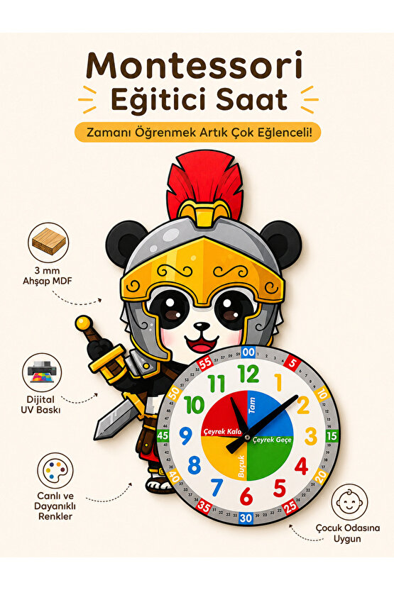 Sevimli Şövalye Panda Montessori Çocuk Odası Eğitici Ahşap Duvar Saati - Sessiz, Şık Tasarım