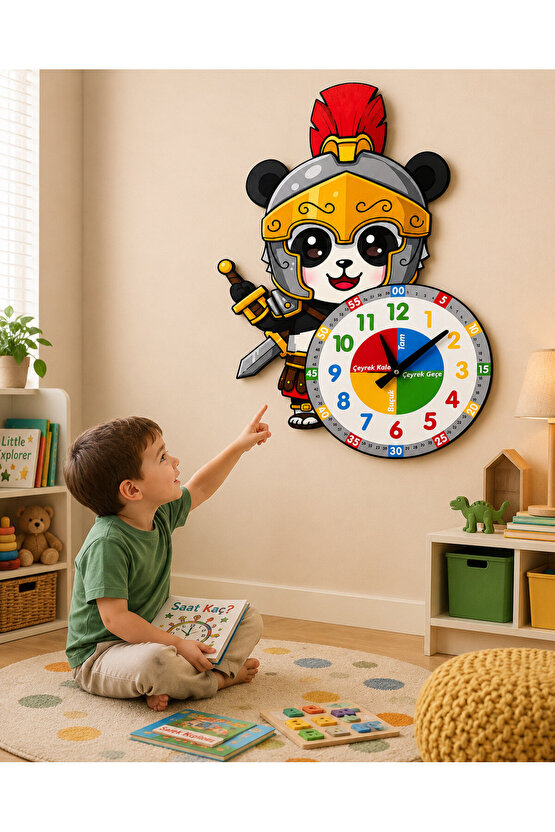 Sevimli Şövalye Panda Montessori Çocuk Odası Eğitici Ahşap Duvar Saati - Sessiz, Şık Tasarım